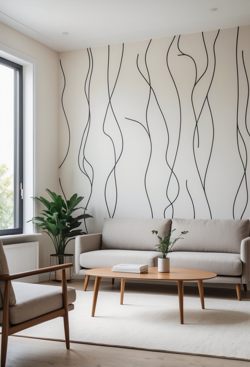 v2 14cug4 f9s4v A bright living room with a sofa, coffee table, large window, and artistic wallpaper featuring simple black line drawings on a neutral background.