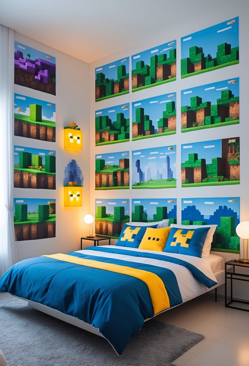 A bedroom with colorful wall murals showing various Minecraft landscapes, featuring a bed and modern furniture.