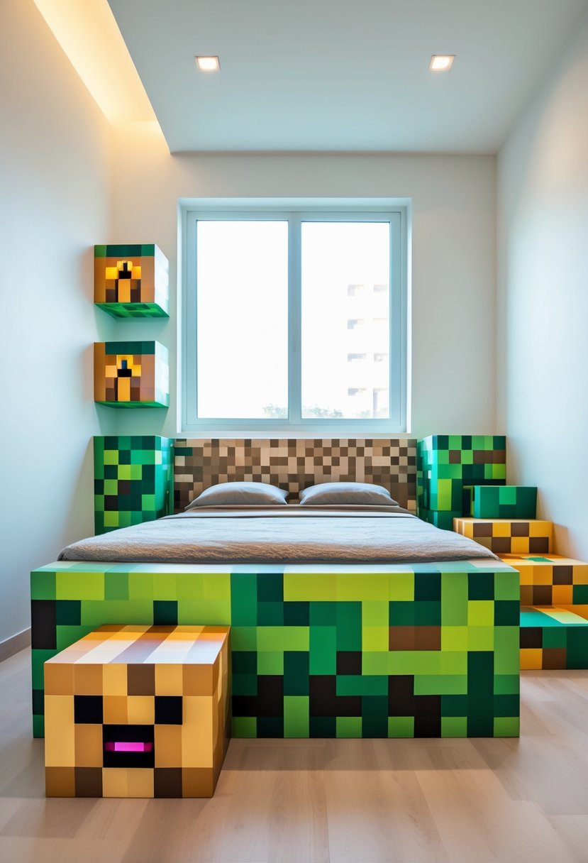 A bedroom with furniture shaped like Minecraft blocks including a bed, shelves, and stools arranged in a bright, organized space.