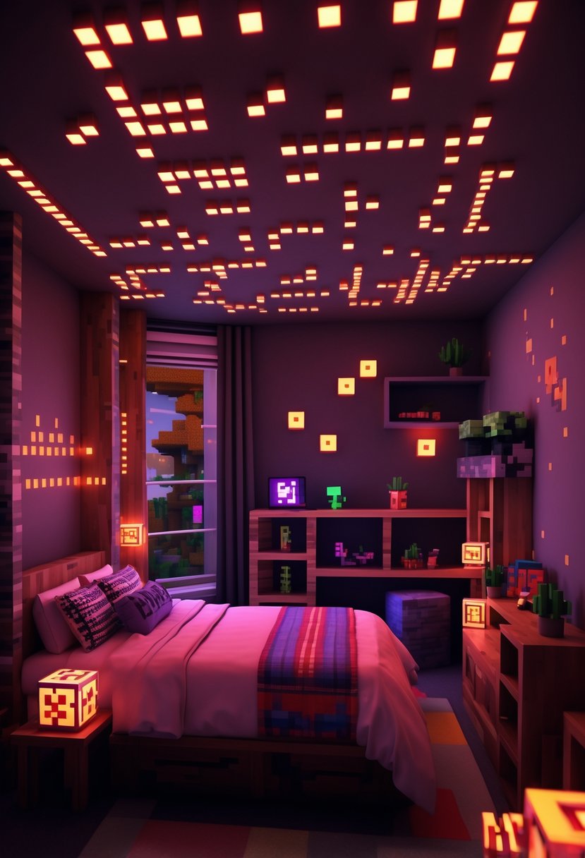 A Minecraft bedroom with glowing redstone light fixtures illuminating the room with a warm red glow.