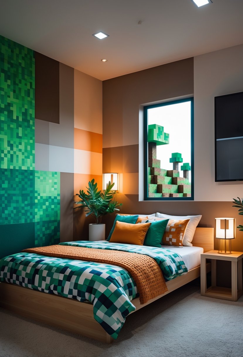 A cozy bedroom featuring furniture and decor inspired by natural landscapes, with green, brown, blue, and orange tones and plants near a window showing trees outside.