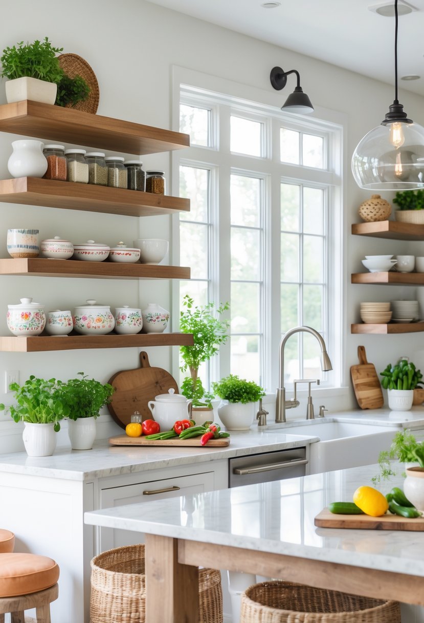 v2 14cvec bsf94 A modern kitchen with open shelves, fresh herbs, wooden cutting boards, pendant lights, and a marble island countertop.