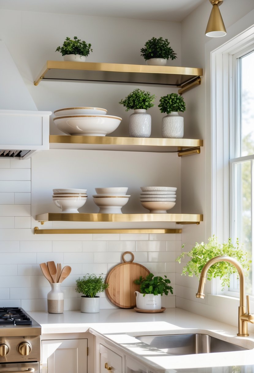 v2 14cveo hq0vi A kitchen with open shelves displaying kitchenware and plants, featuring brass accents and natural light.