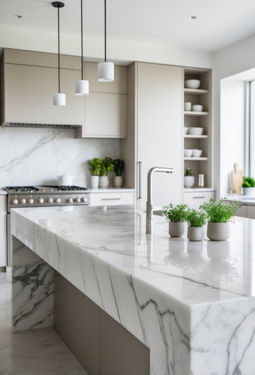 v2 14cvez sgt13 A modern kitchen with a white marble countertop featuring a waterfall edge, surrounded by cabinets and kitchen accessories.