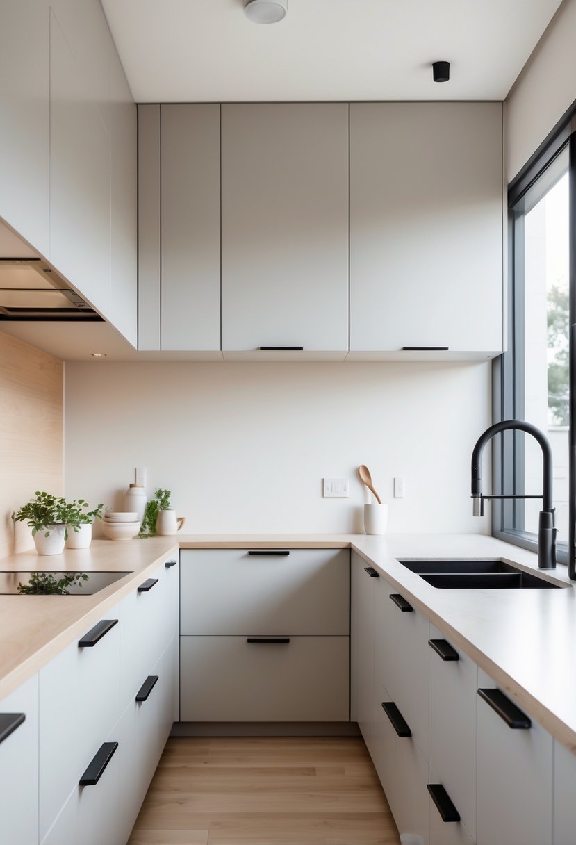 v2 14cvfa w4j2h A modern kitchen with cabinets featuring matte black handles and knobs, illuminated by natural light.