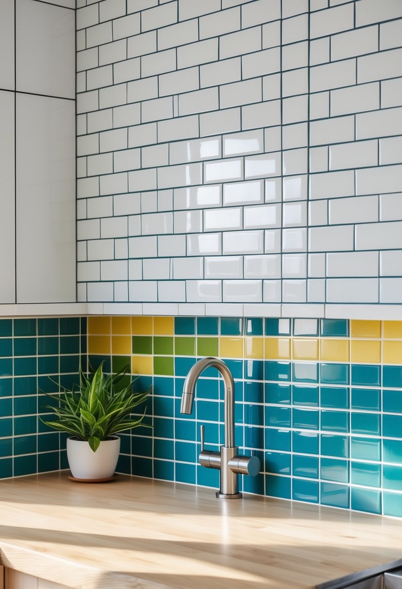 v2 14cvfk ummrp A kitchen backsplash with white subway tiles and colorful grout above a light wood countertop with a faucet and small potted plant.