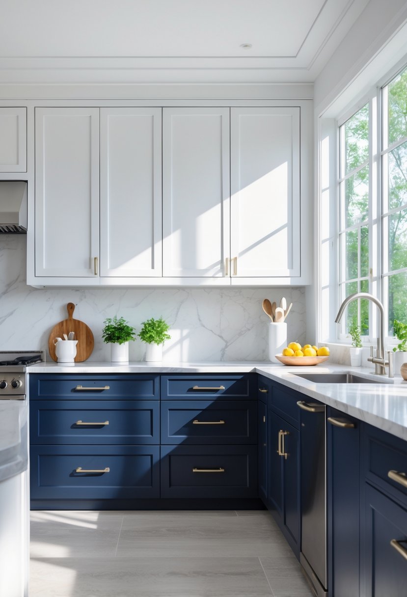 v2 14cvfv 6im9r A bright kitchen with navy blue lower cabinets and white upper cabinets, featuring marble countertops and stainless steel appliances.
