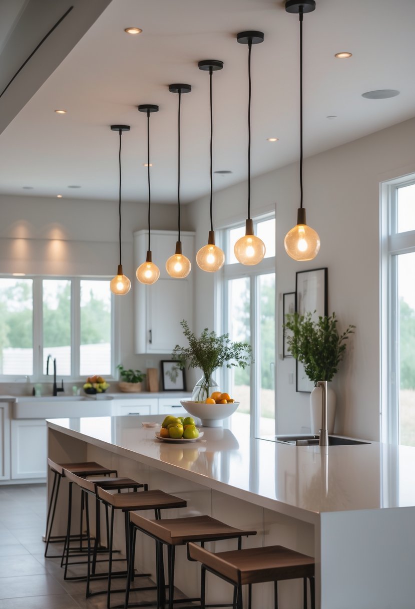 v2 14cvg6 ptfar A modern kitchen with a kitchen island illuminated by multiple pendant lights hanging above it.