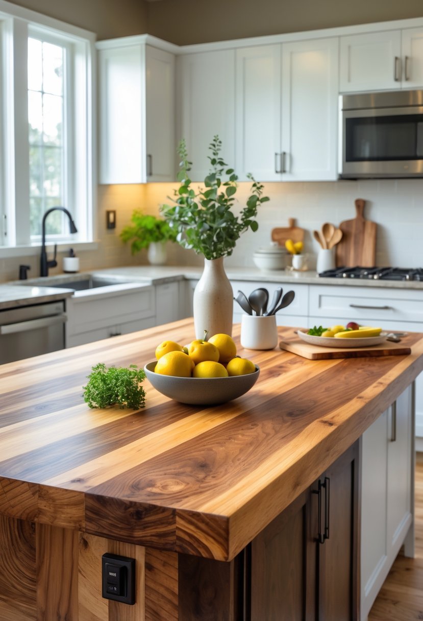 v2 14cvgh gkzg1 A kitchen with a large wooden butcher block island countertop, decorated with fruit, plants, and cooking utensils.