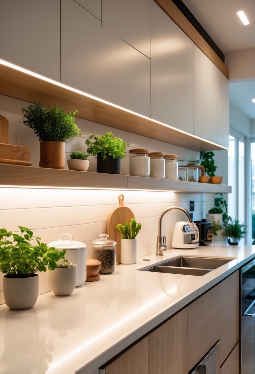 v2 14cvh4 27v7o A modern kitchen with under-cabinet LED strip lighting illuminating the countertop and kitchen decor.