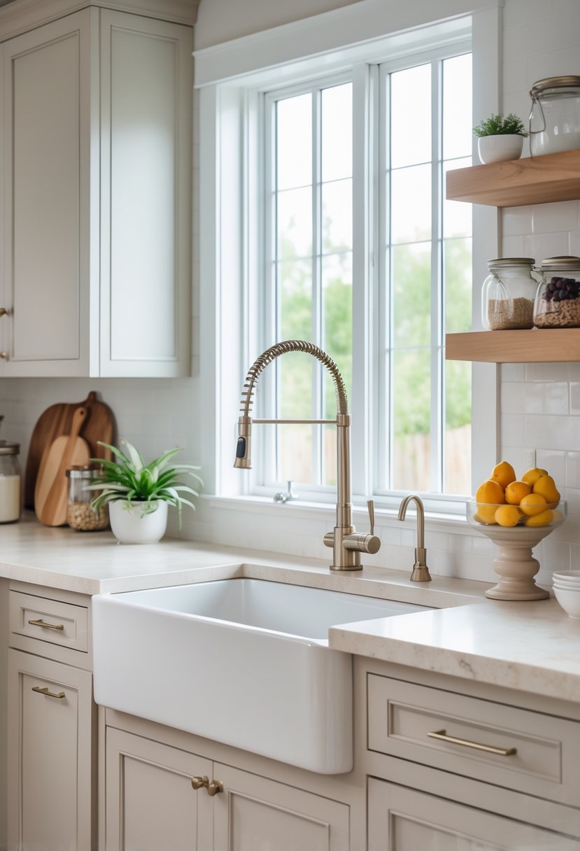 v2 14cvhe 1cu82 Large white farmhouse sink with apron front in a bright kitchen with stone countertops and kitchen decor.