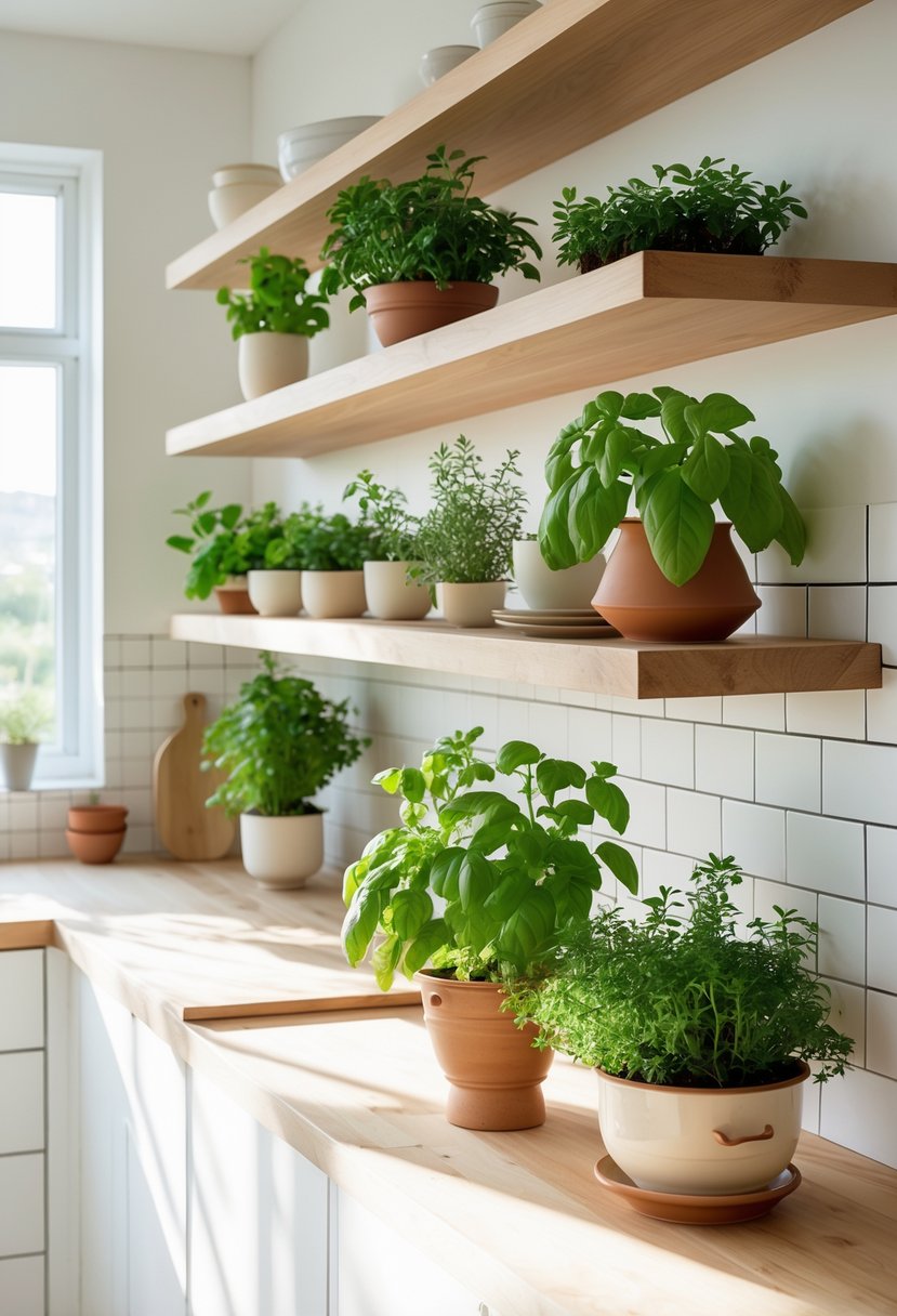 v2 14cvhr 2ai1t Floating wooden shelves in a kitchen holding various potted herbs against a light wall.