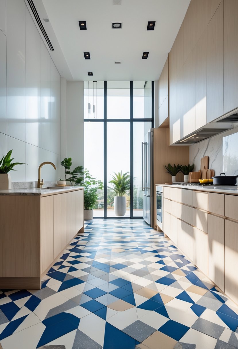 v2 14cvi1 A modern kitchen with a floor covered in colorful geometric patterned tiles, featuring light wood cabinets, a marble island, and natural light coming through large windows.