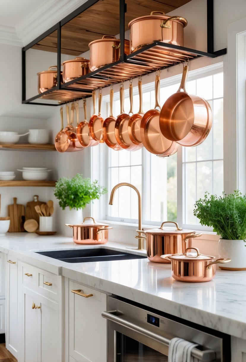 v2 14cvih A modern kitchen with open pot racks holding shiny copper cookware above a kitchen island.