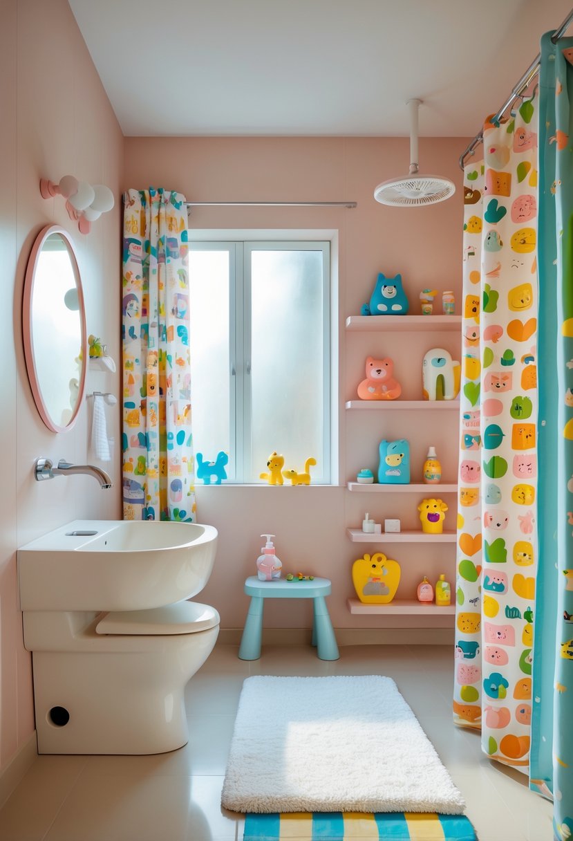 A bright children's bathroom with colorful decorations, a white sink, playful wall decals, bath toys on shelves, and natural light coming through a window.