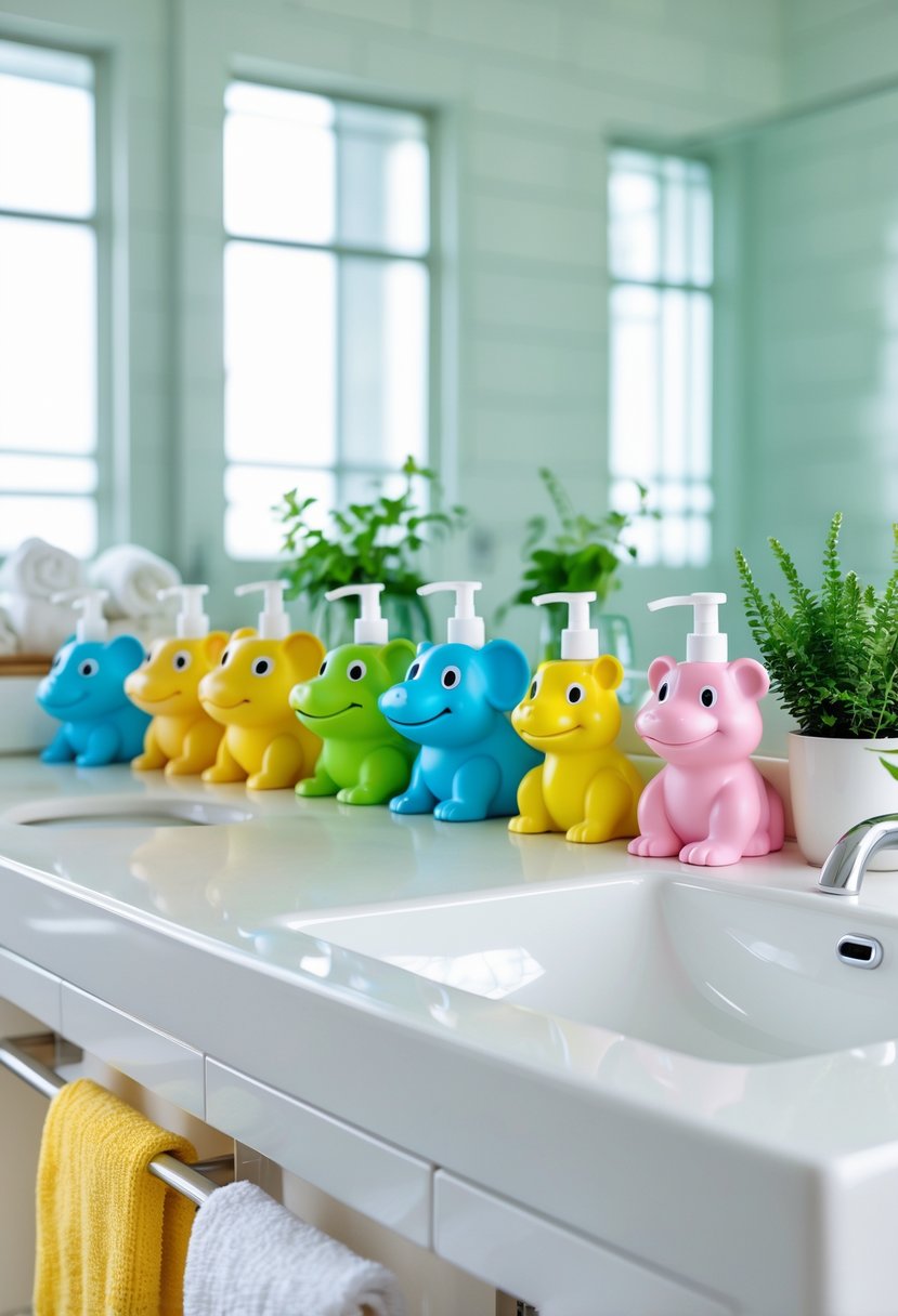 A bathroom countertop with colorful animal-shaped soap dispensers arranged next to a sink and a small plant.