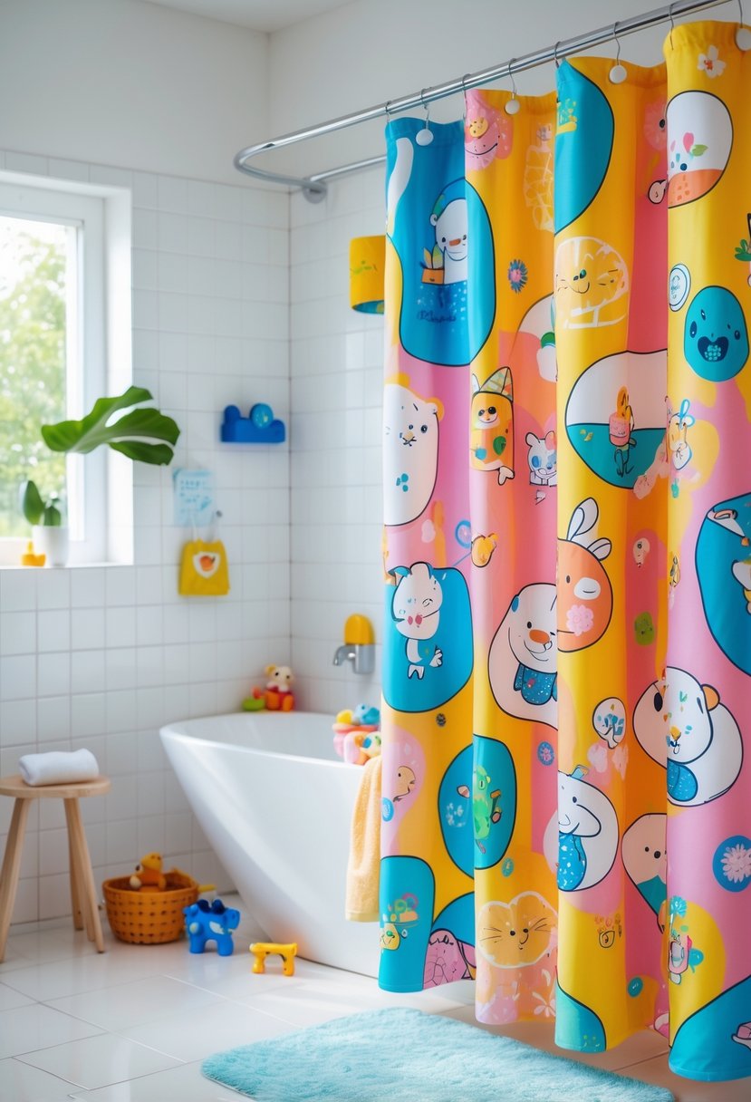 A brightly lit bathroom with colorful cartoon-patterned shower curtains and playful bath accessories.