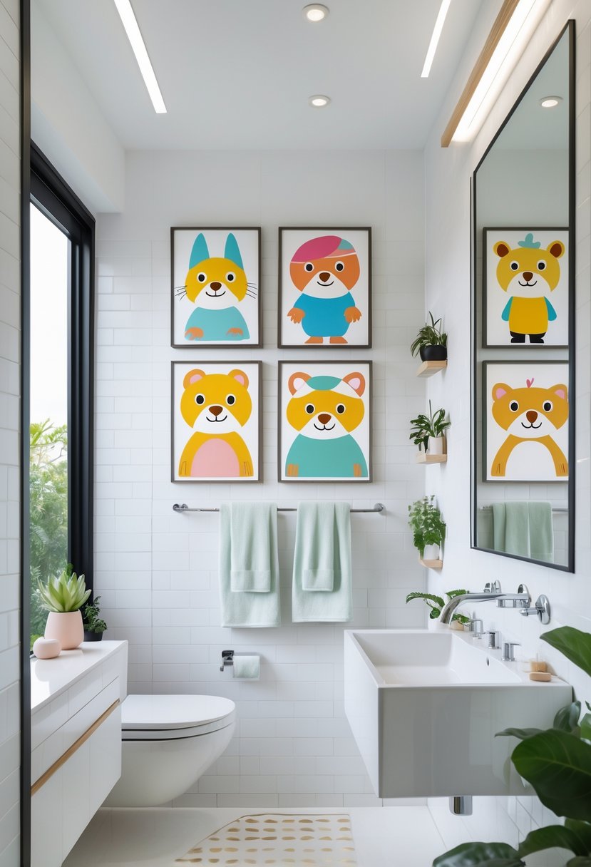 A modern bathroom with colorful framed wall art featuring playful cartoon characters, a sink with chrome fixtures, and decorative plants.