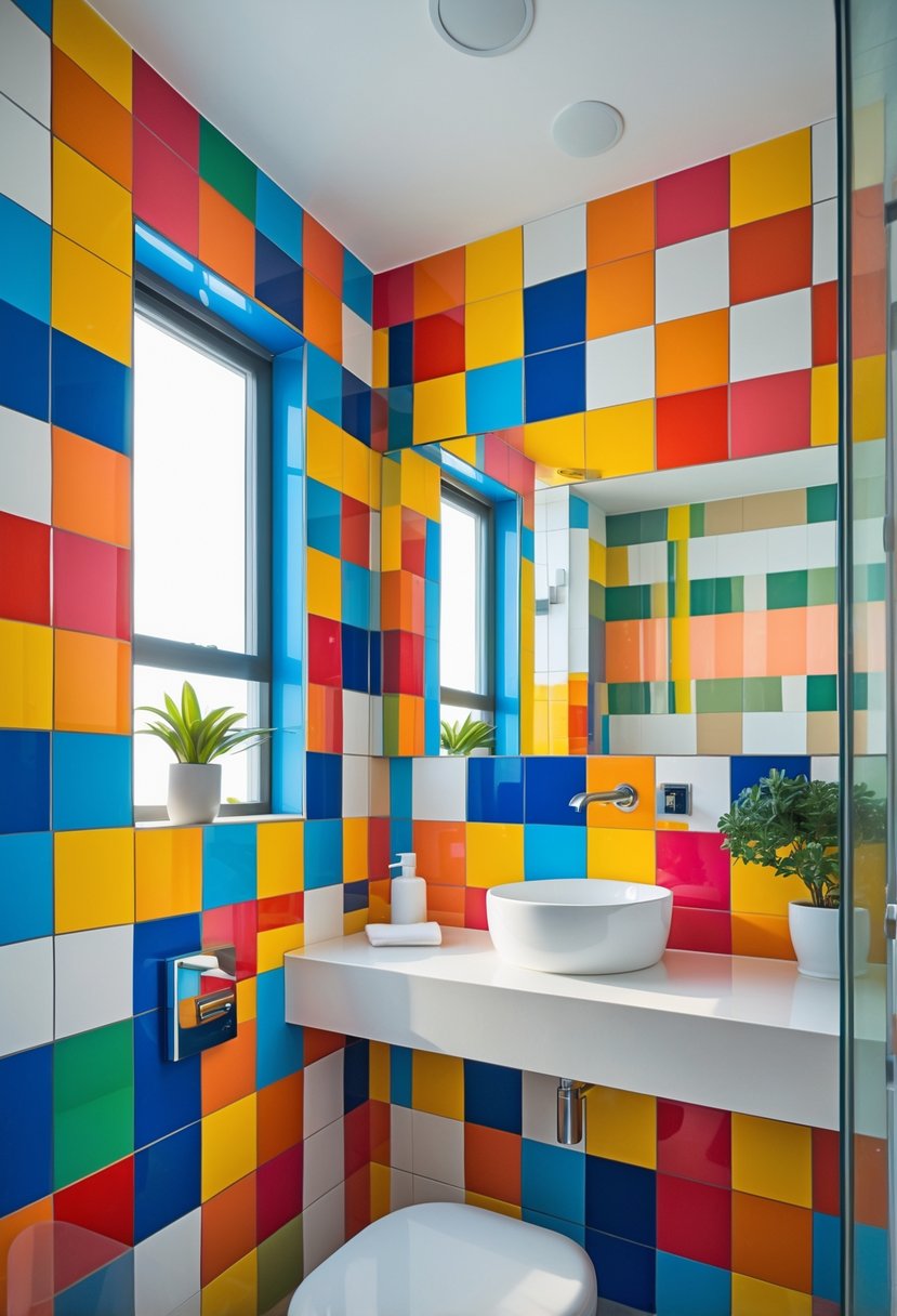 A brightly colored bathroom with vibrant patterned tiles on the walls, a white sink with chrome fixtures, a large mirror, and natural light.