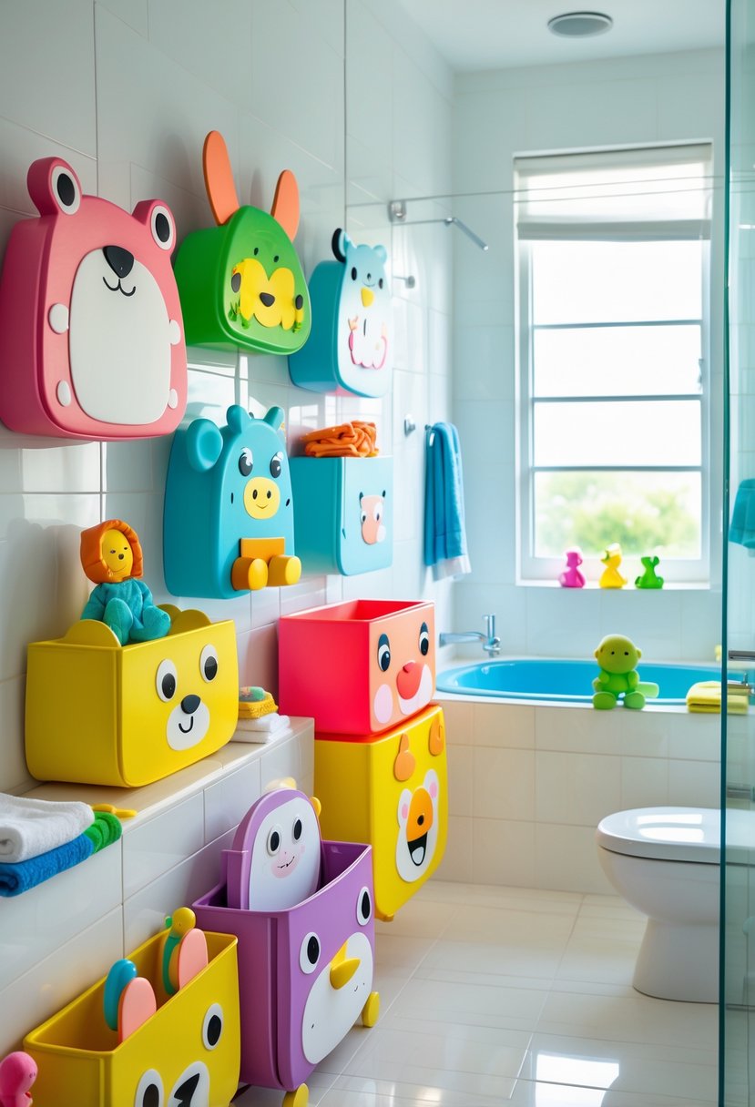 A children's bathroom with colorful creature-shaped storage bins neatly arranged near the sink and bathtub.