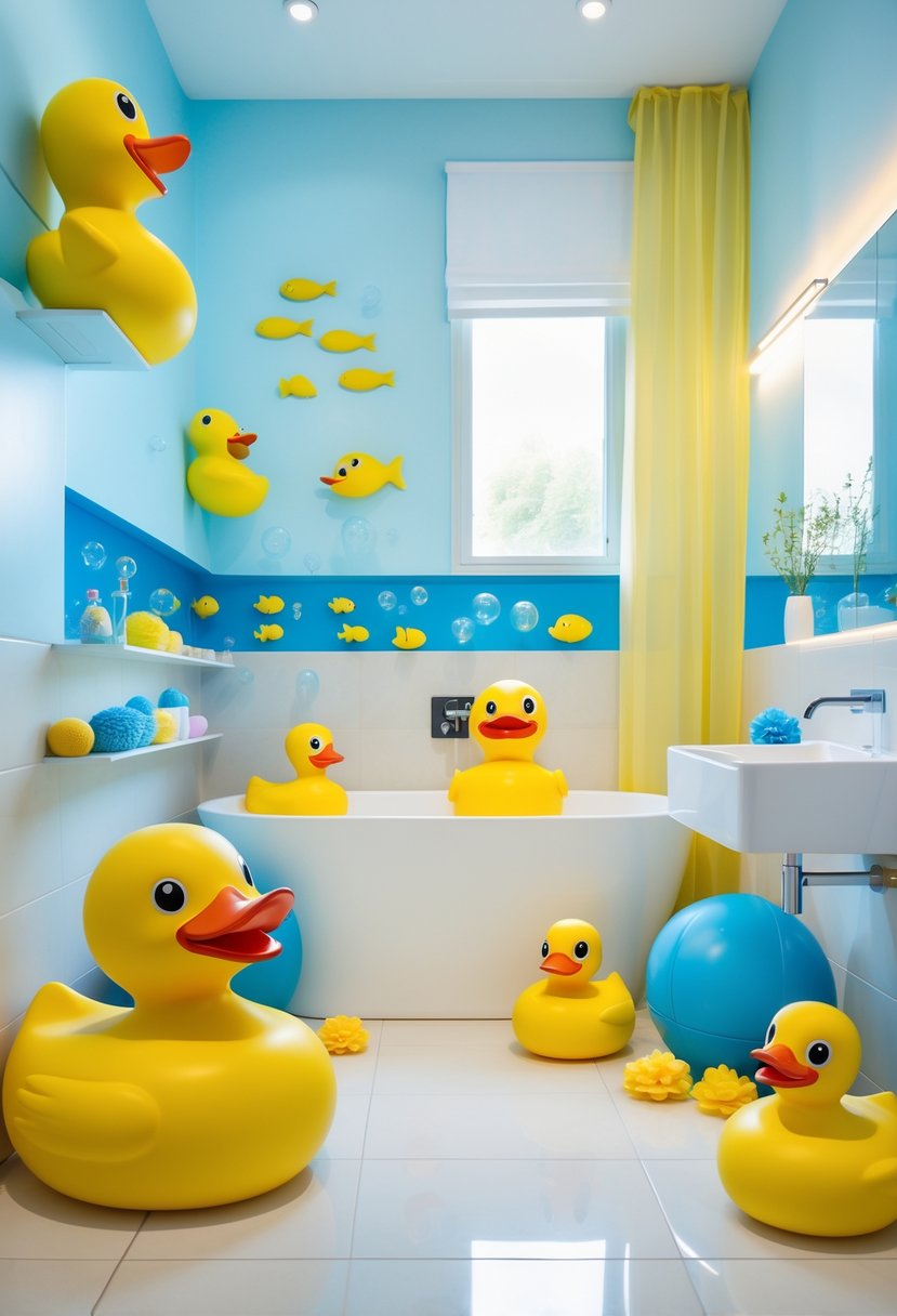 A bright bathroom with a white bathtub decorated with large colorful bath toys and playful aquatic-themed decor.