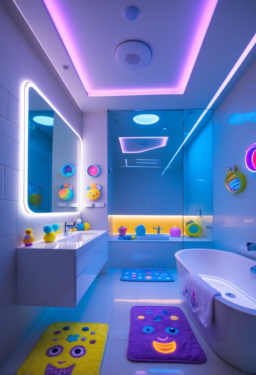 A brightly lit bathroom with colorful LED lights around the mirror and ceiling, featuring playful decorations and a clean, modern design.