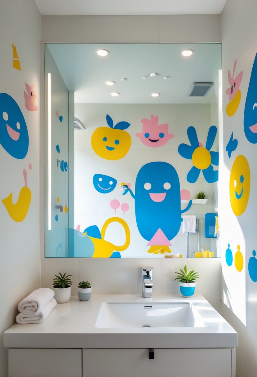 A bright children's bathroom with colorful playful wall decals, a white sink, a large mirror, and soft natural light.