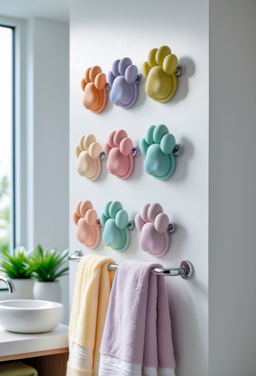 A modern bathroom wall with colorful animal paw-shaped towel hooks holding towels, with plants and a sink nearby.