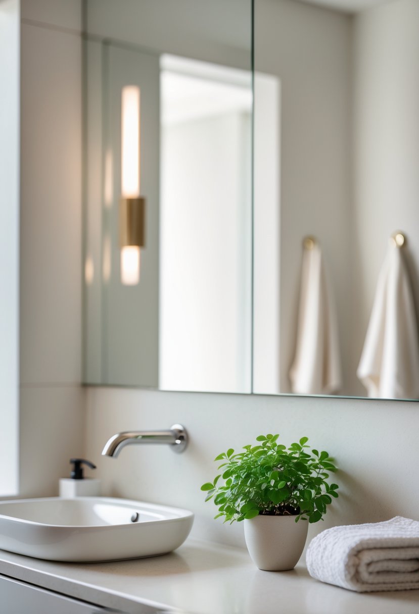 A modern bathroom countertop with a small green potted plant next to a white sink and a mirror in the background.