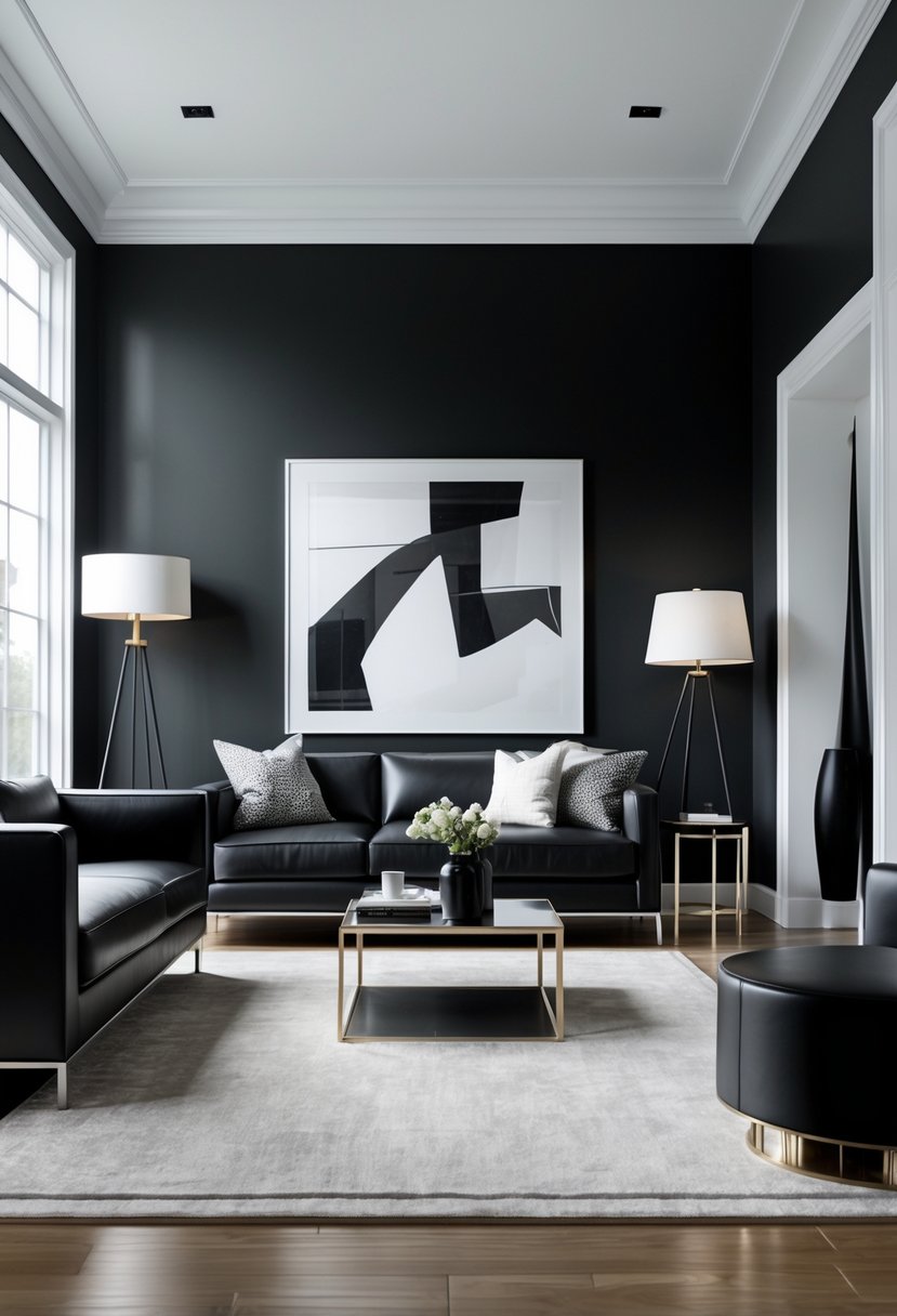 A living room with black walls and white trim, furnished with a black sofa, coffee table, and decorative artwork.