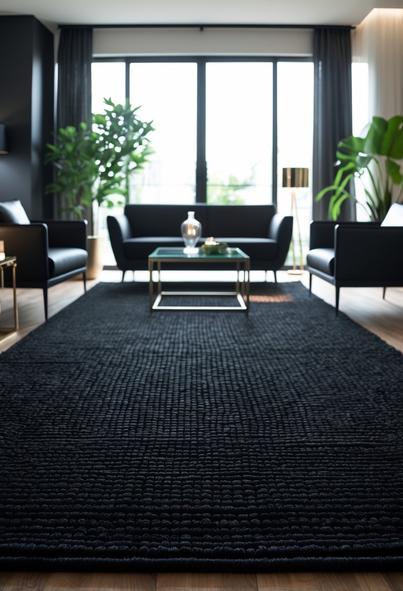 Living room with a charcoal black textured area rug, black furniture, a glass coffee table, and natural light coming through large windows.