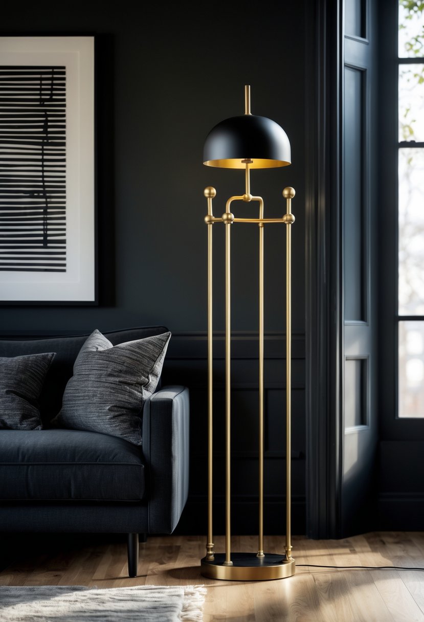 A black metal floor lamp with brass details next to a sofa in a living room.