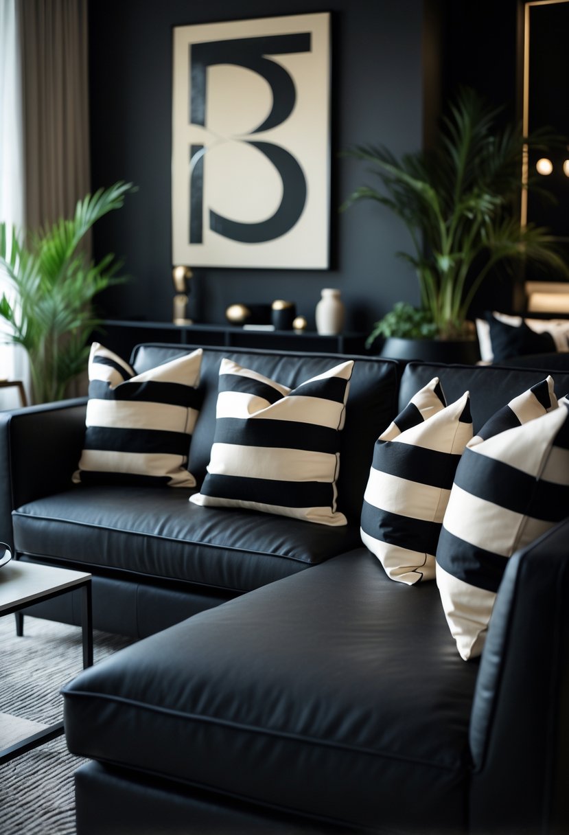 A living room with black and cream striped cushions on a black sofa surrounded by furniture and plants.
