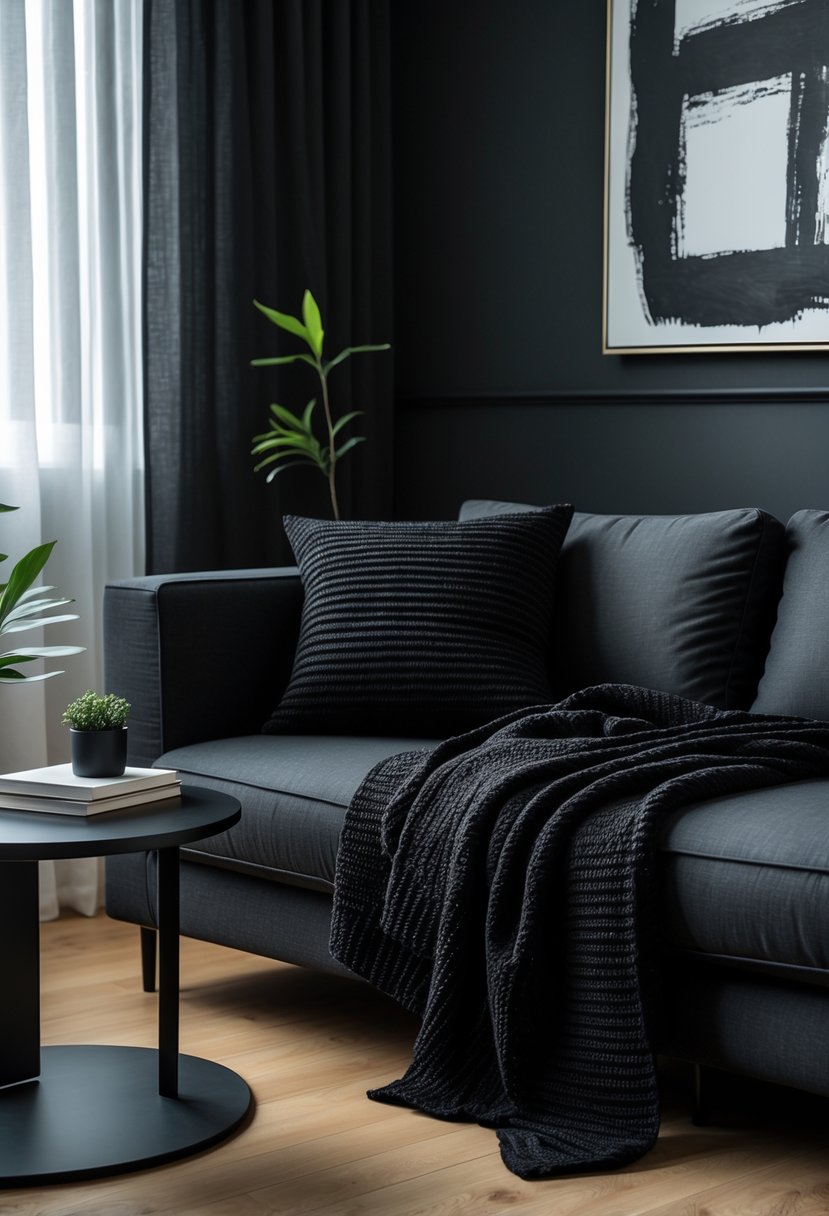 A living room with a dark gray sofa layered with black throw blankets, a coffee table with a plant and books, and a painting on the wall.
