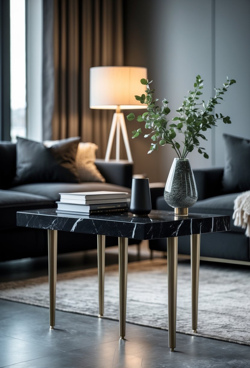 A black marble side table with decorative items next to a dark sofa in a living room.
