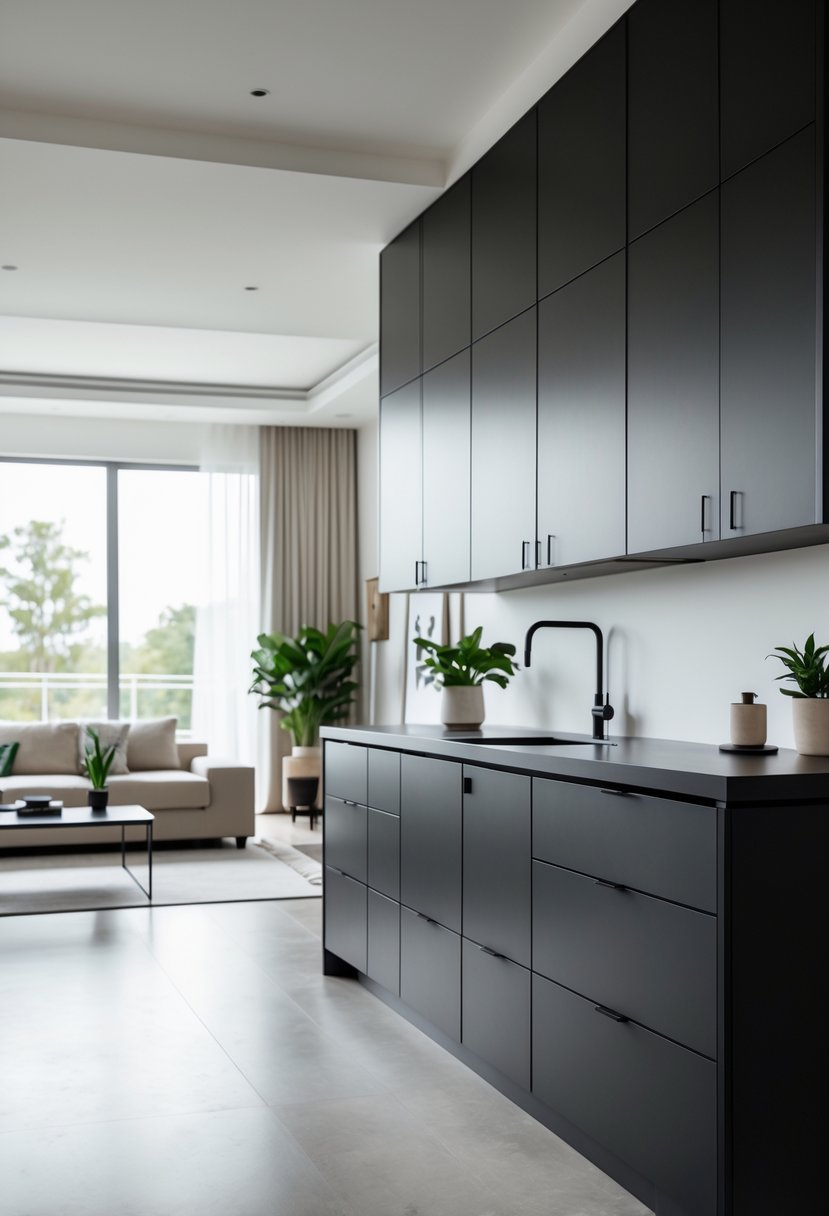 Living room with dark black cabinetry, seating area, and natural light coming through windows.