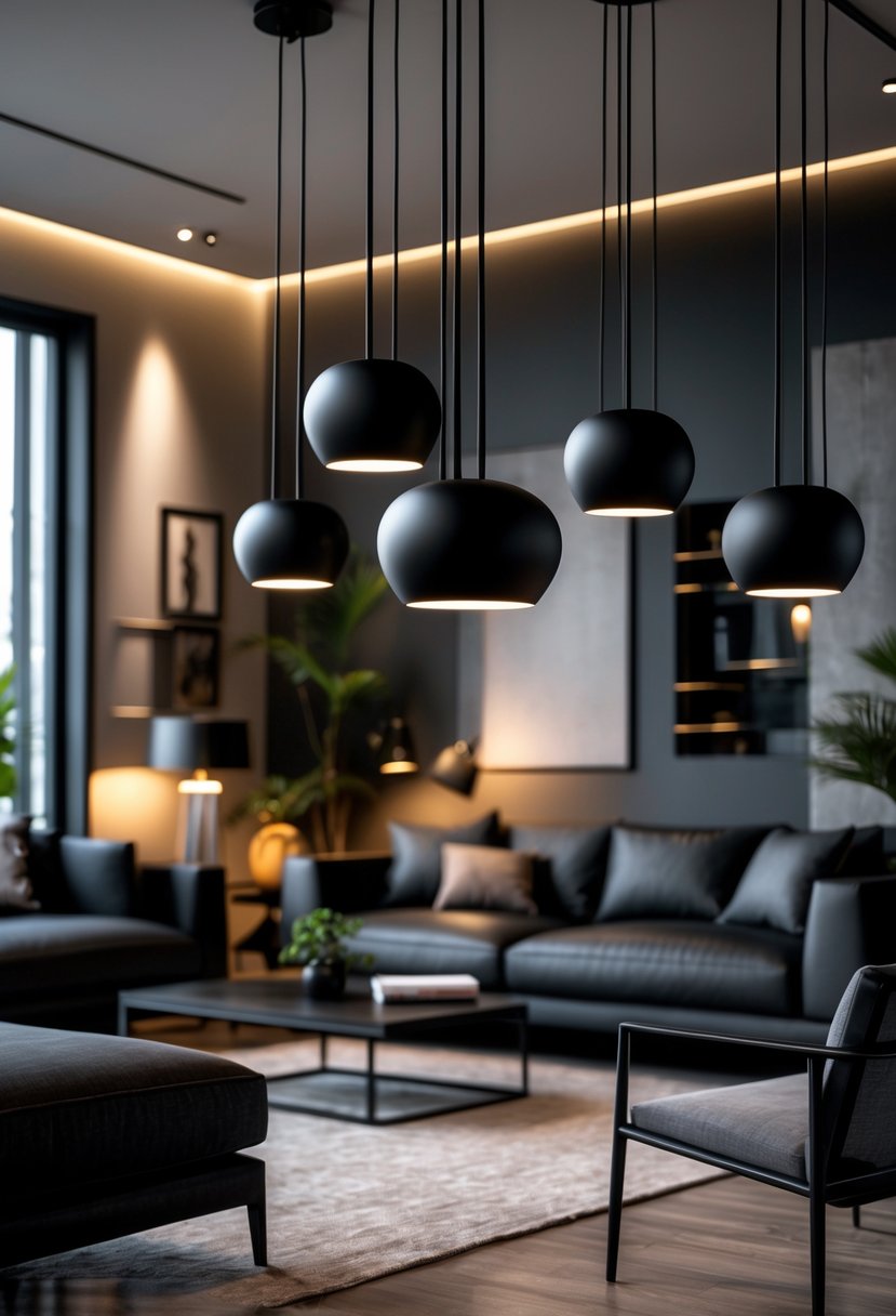 A living room with black pendant lights hanging from the ceiling above a sofa and coffee table.