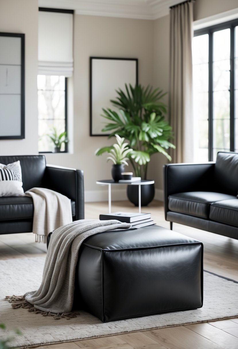 A black leather ottoman in the center of a living room with a sofa, coffee table, plants, and natural light coming through large windows.