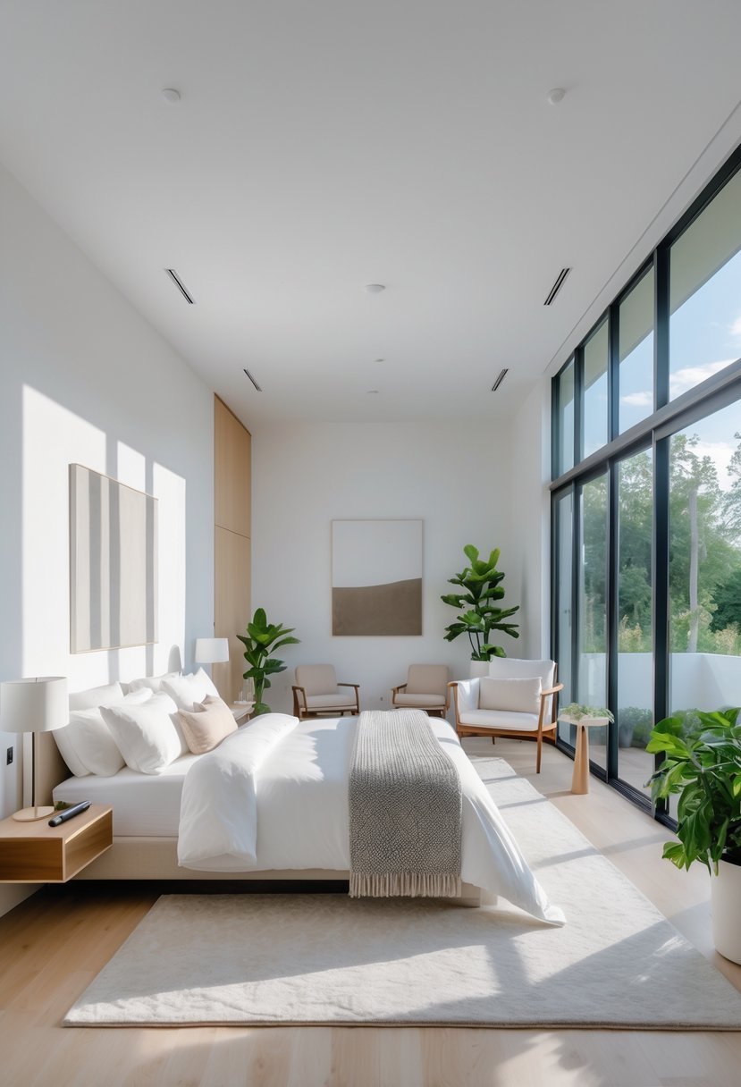 v2 14n9b8 yapch A bright bedroom with a large bed, nightstands, a window, and a reading chair.