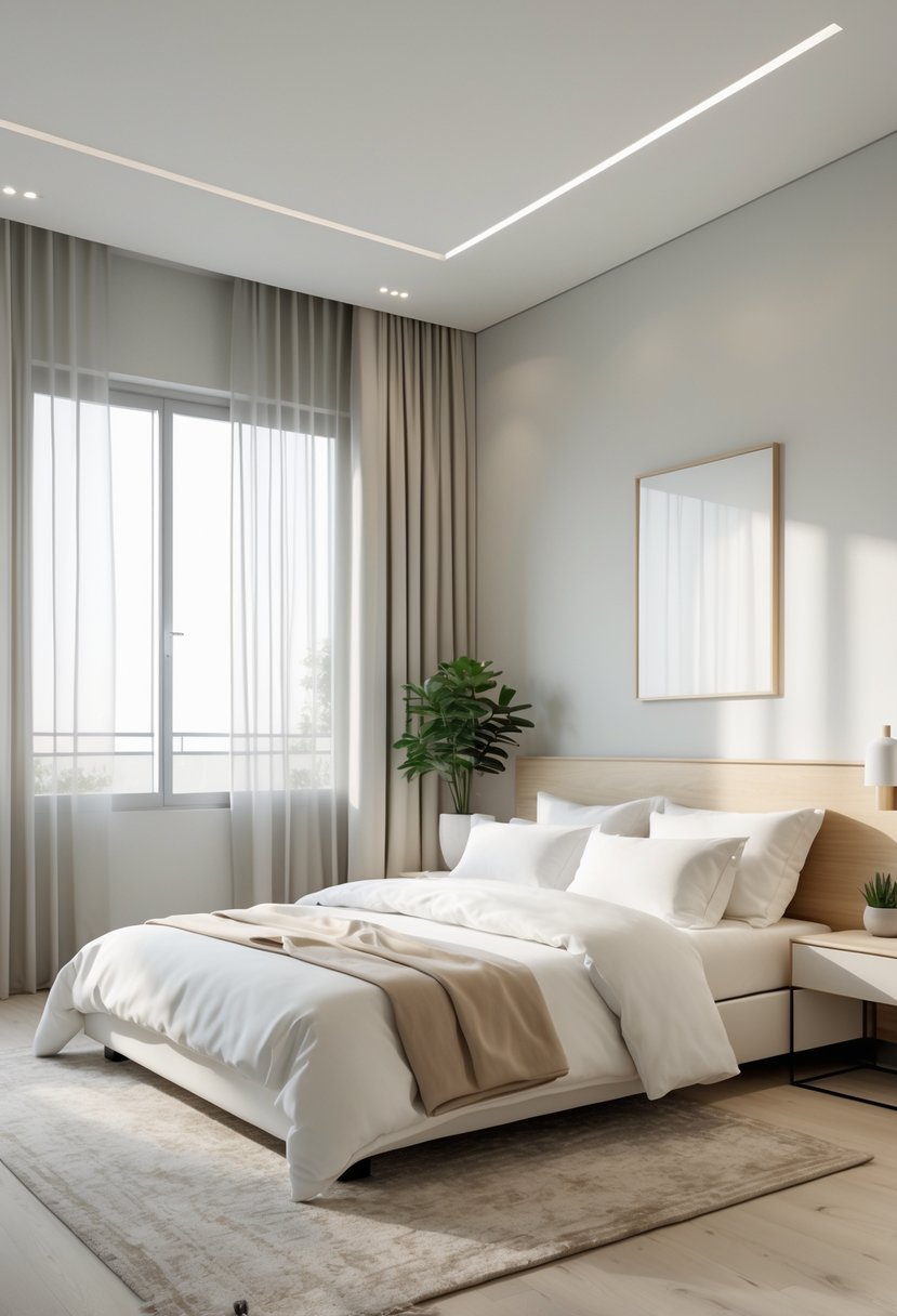 v2 14n9c2 fls1t A clean and tidy bedroom with a bed, nightstand, and natural light coming through windows.