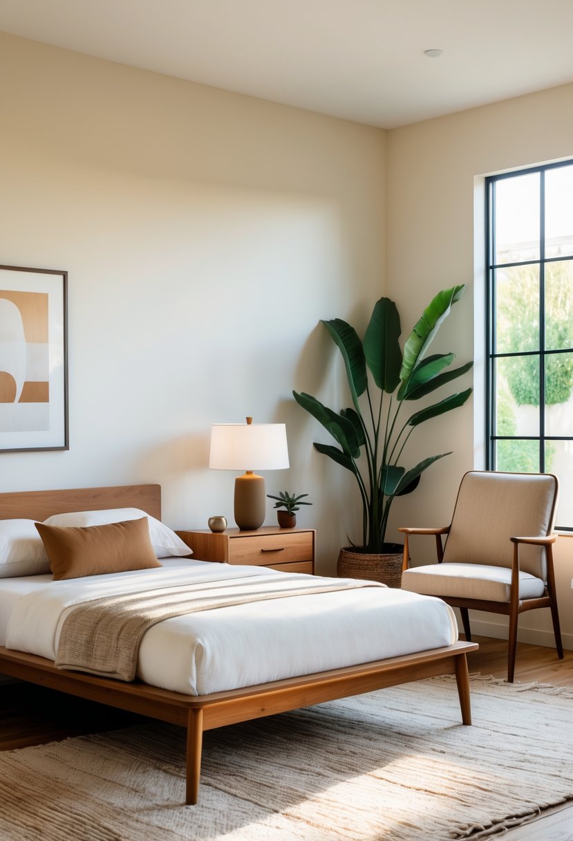 v2 14n9cf bv0ej A modern bedroom with a wooden bed, nightstand, armchair, and plants, illuminated by natural light.