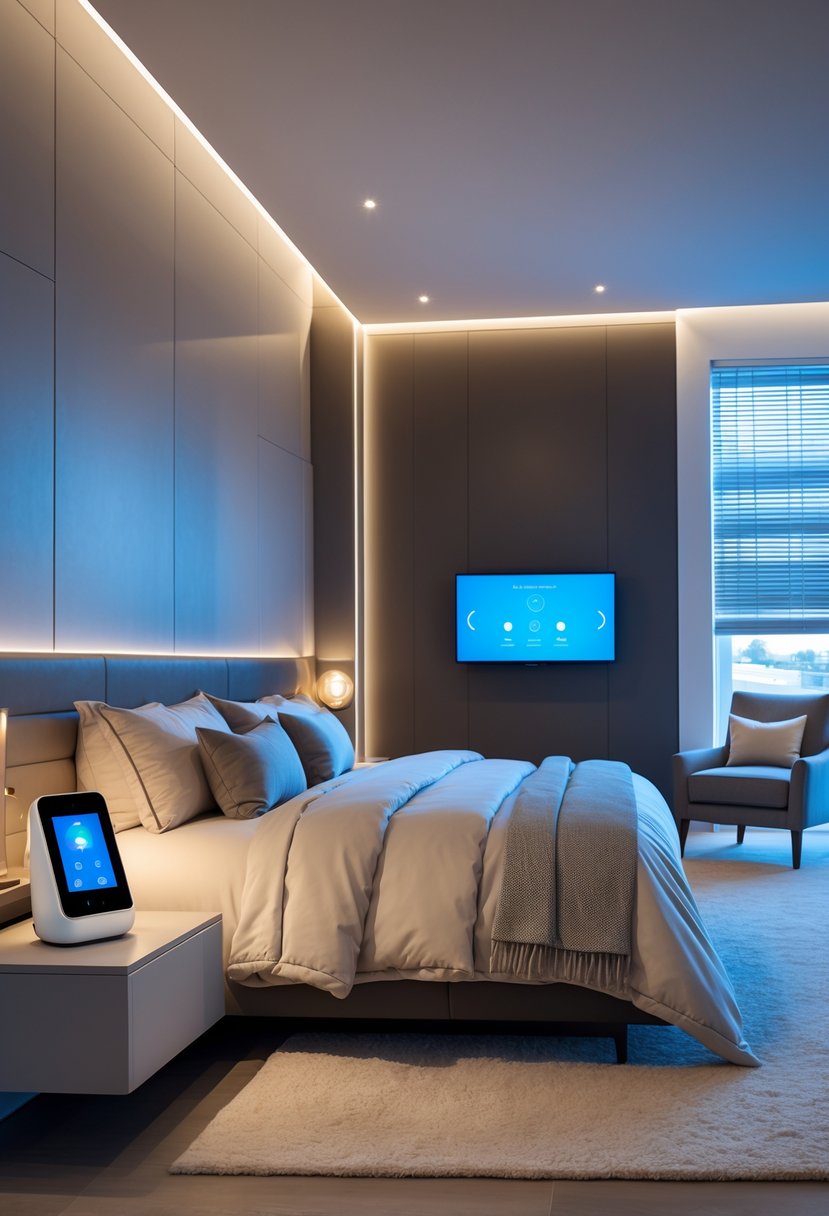 v2 14n9d8 A modern bedroom with a large bed, smart bedside devices, ambient lighting, and large windows with partially drawn blinds.