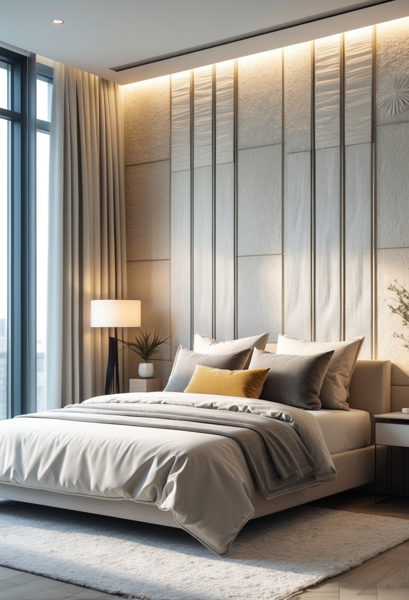v2 14n9dl 6wzyj A modern bedroom with textured wall panels behind the bed, featuring a neatly made bed, nightstand, lamp, and natural light coming through windows.