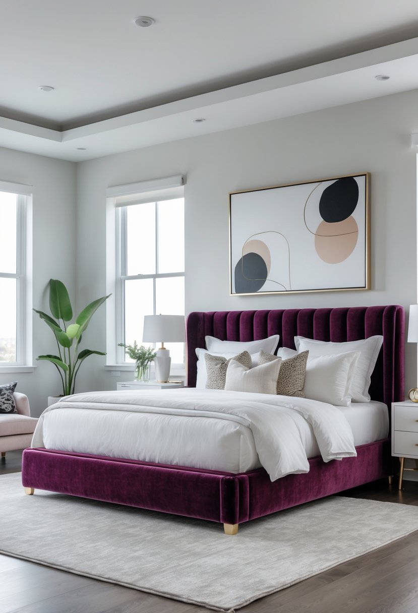 v2 14n9e0 A bedroom with a velvet upholstered bed frame, white bedding, nightstands with lamps, and plants near large windows.