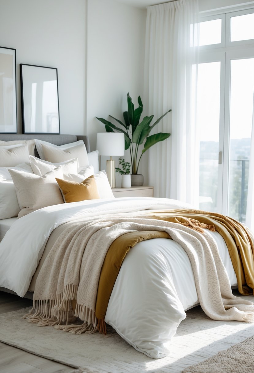 v2 14n9ee pkukk A neatly made bed with layered bedding and throws in a bright bedroom with natural light and simple decor.