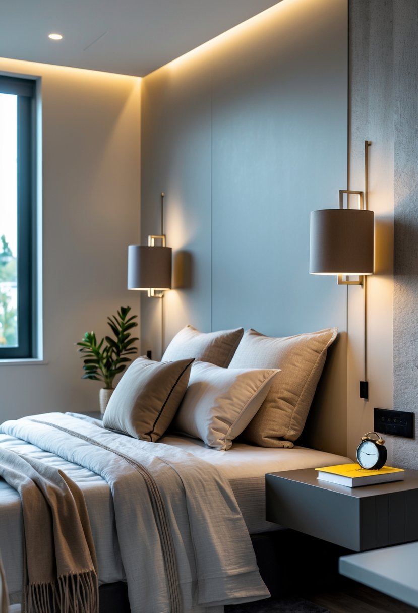 v2 14n9f3 2gp9h A bedroom with floating nightstands on both sides of a bed, featuring lamps, plants, and a cozy bed setup.