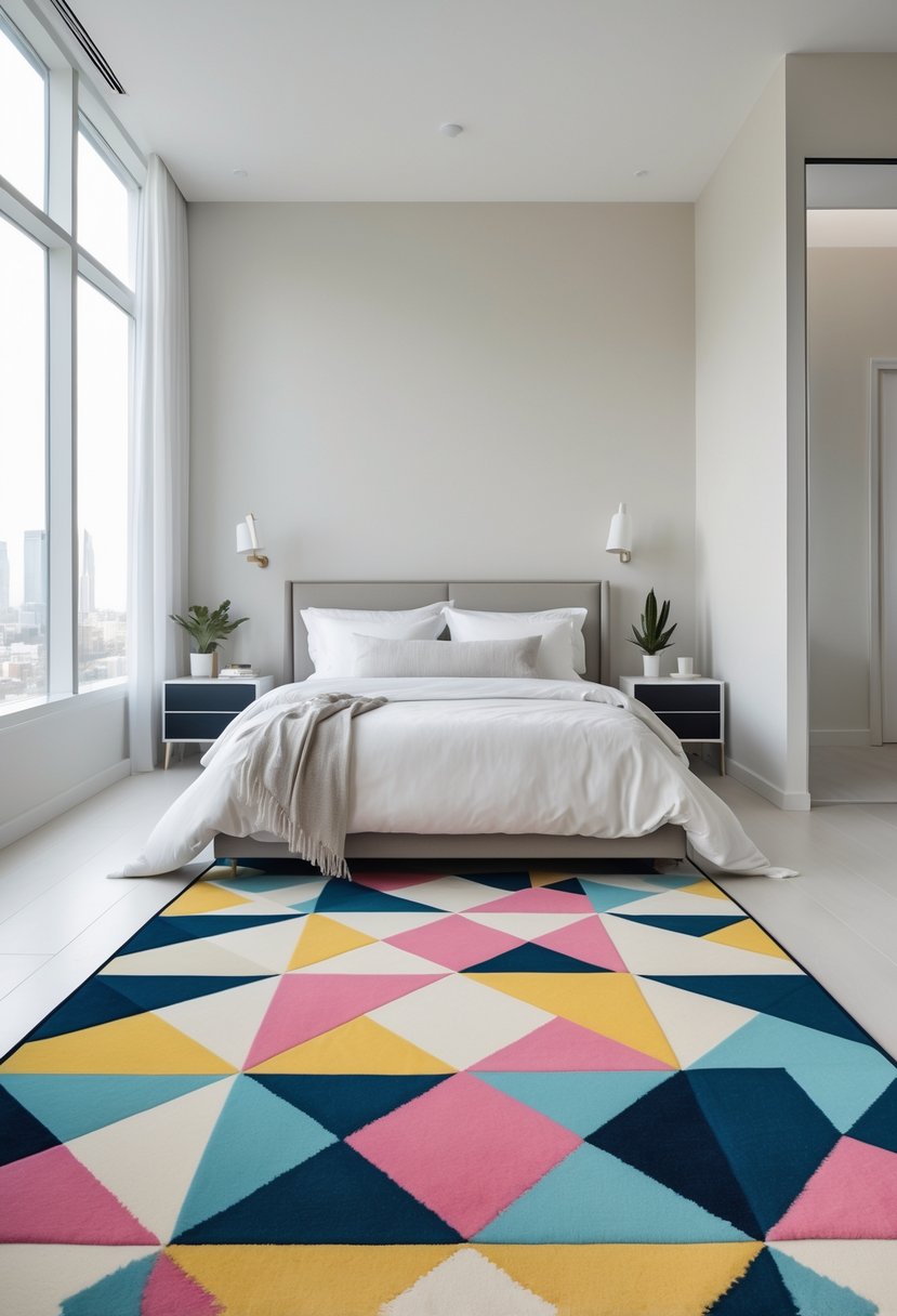 v2 14n9ff rsmpd A bright bedroom with a large geometric patterned rug on the floor, a bed with white linens, and minimalist furniture.