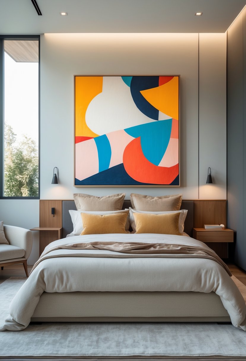 v2 14n9ft meele A modern bedroom with a bed, abstract wall art above it, a window letting in natural light, and minimalist furniture.