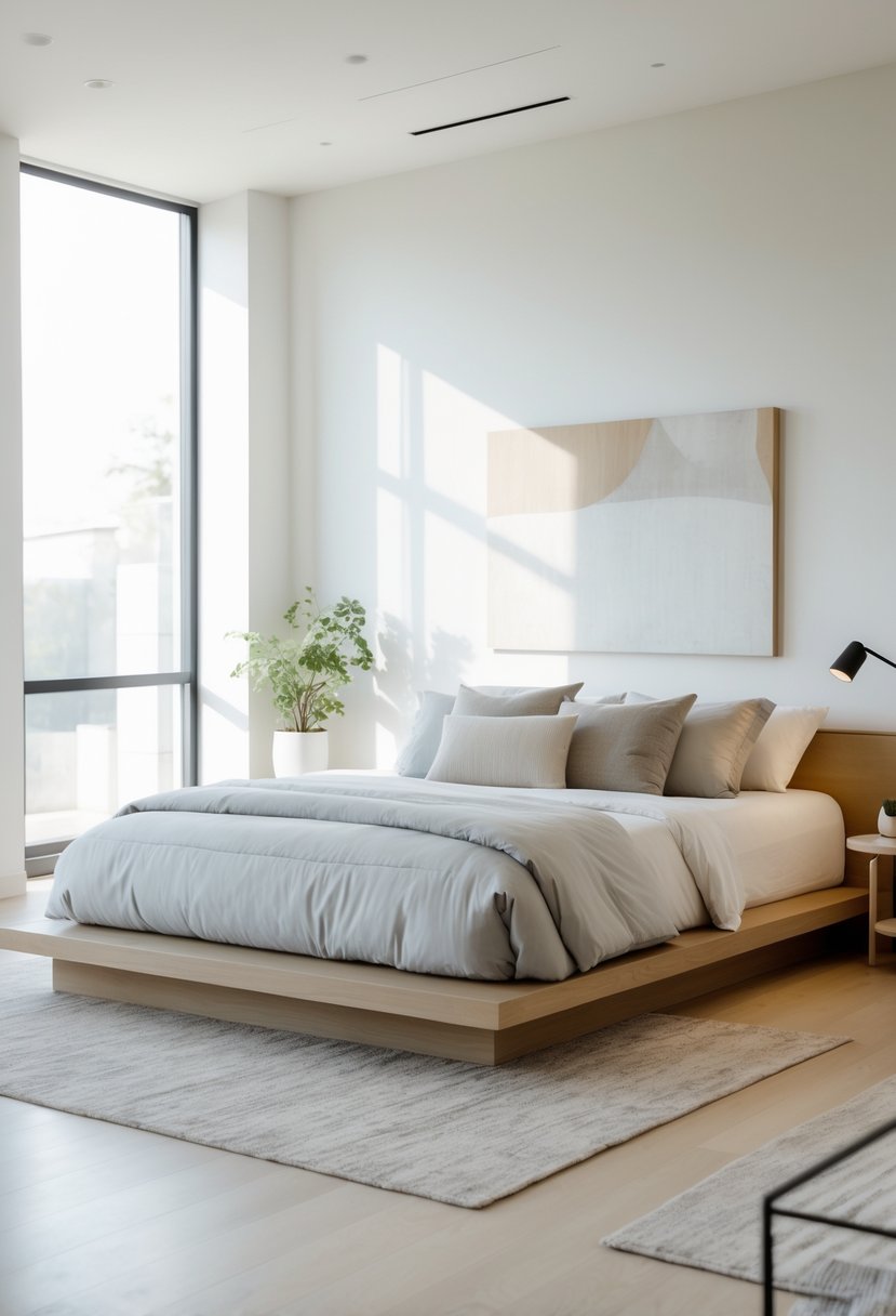 v2 14n9ga ff09e A bedroom with a low wooden platform bed, neutral bedding, a nightstand with a lamp and plant, and natural light coming through large windows.