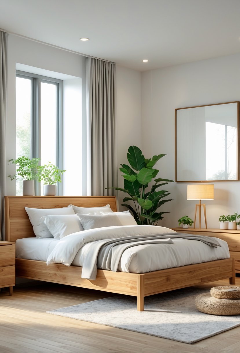 v2 14n9gx 9c1il A bright bedroom with a wooden bed frame, nightstands, plants, and natural light coming through a window.